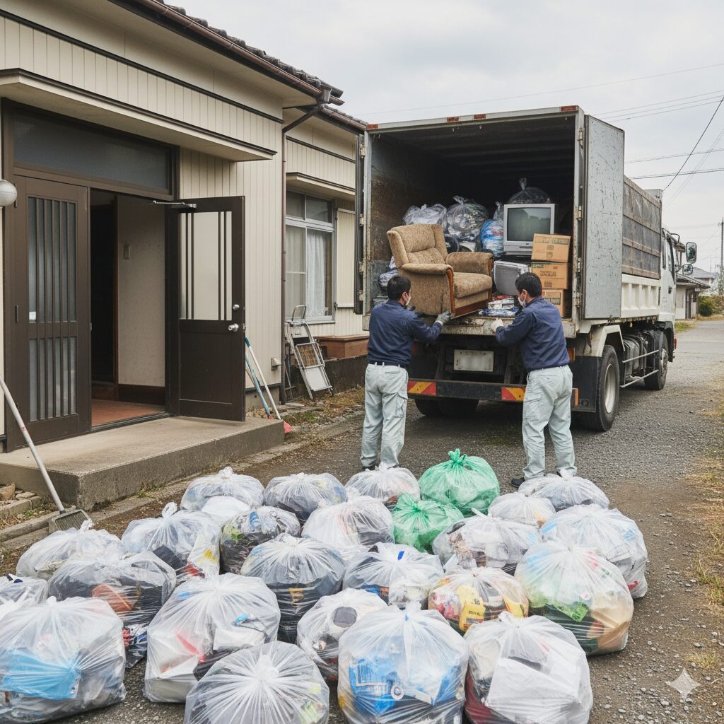 分別されたゴミ袋や不用品をトラックに積み込んでいる、ゴミ屋敷の片付け作業風景のイメージ