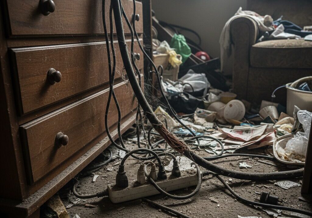 ホコリを被ったタコ足配線のコンセント　家具の下敷きになり押しつぶされた電源コードが、家具を動かすと出てきた様子