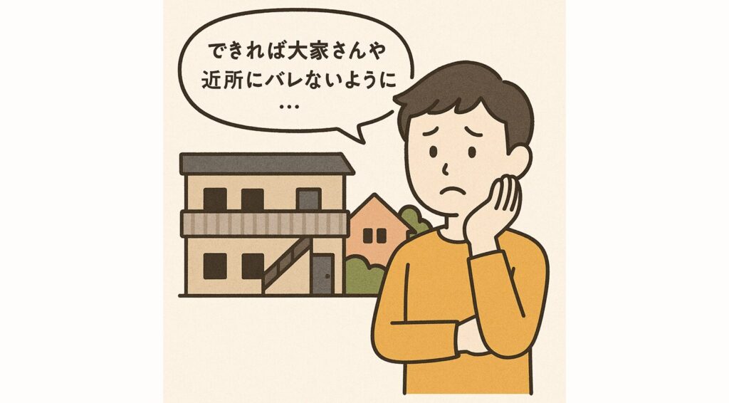 できれば、大家さんや近所にバレないように片付けたい、のイメージ アパートの背景、考え込む男性