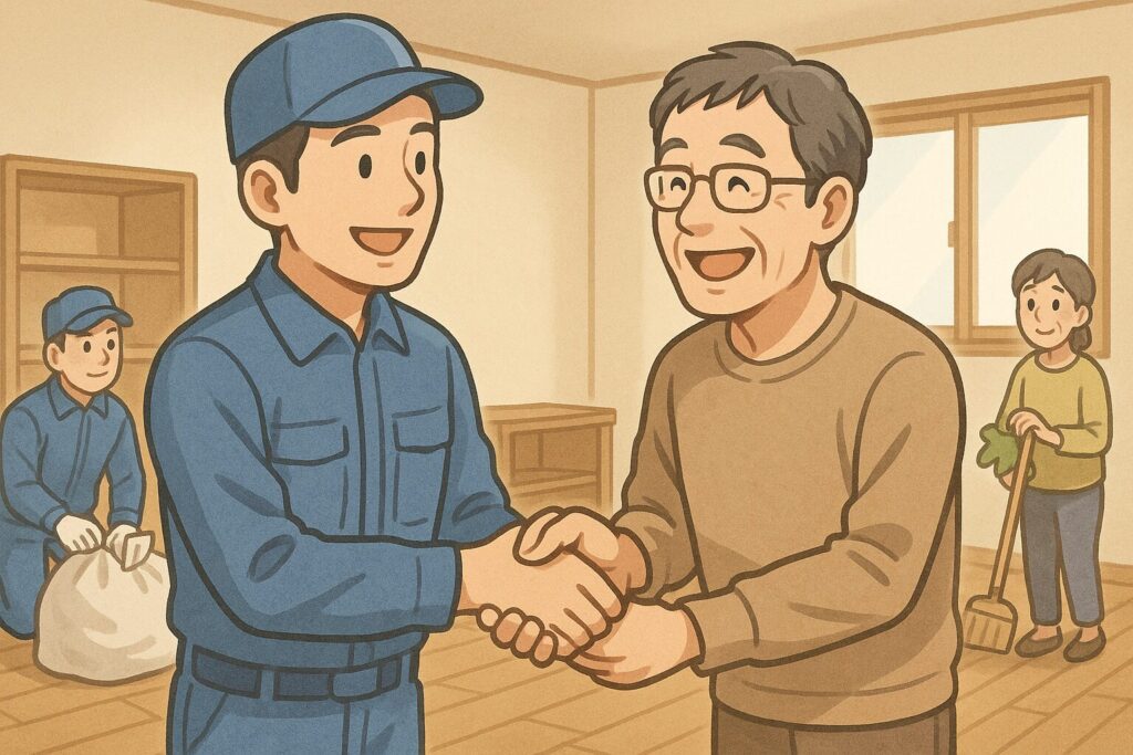 ゴミ屋敷の片付けが終った作業員と、依頼者が、喜び合いながら握手しているようす