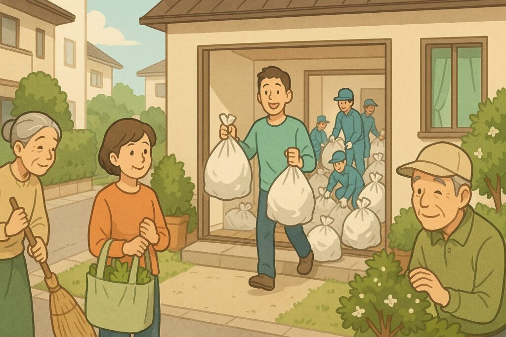 ゴミ屋敷の片付けがほとんど終わり、晴れやかな表情の住人、暖かい目線をおくる近所の人と作業員