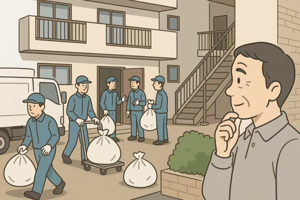集合住宅で、多数の作業員が片付け作業をしているようす。近所の人が気付いて見守っている