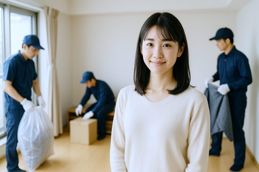部屋の片づけがほとんど終わり、作業員が最後の片付けをする中、明るい表情でこちらを見ている女性