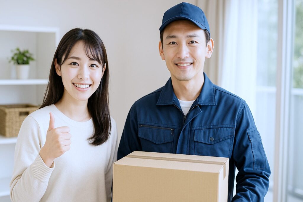 納得のいく作業で問題解決して、依頼者も作業員も笑顔でサムズアップをしているようす