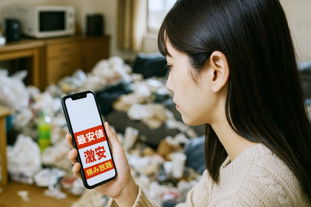 ゴミ屋敷状態の自宅で、スマホで格安片付け業者を探す女性 激安 最安値 積み放題の文字がみえる