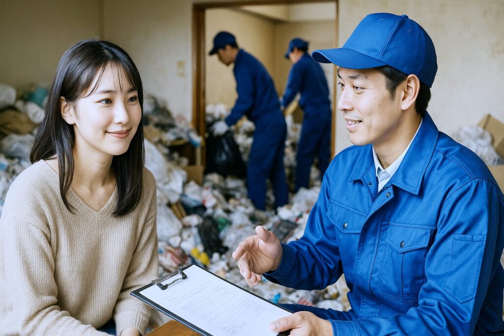 ゴミ屋敷片付けの現場で、作業内容と見積金額の説明をする作業員と、満足そうに聞いている依頼者、背後ではすでに作業員が片付けをはじめている