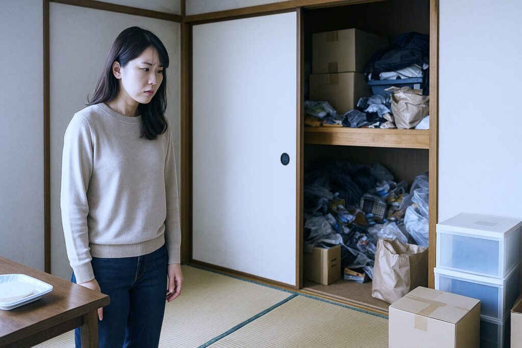 押し入れにゴミが残ってしまい、困った状況で部屋にたたずむ女性