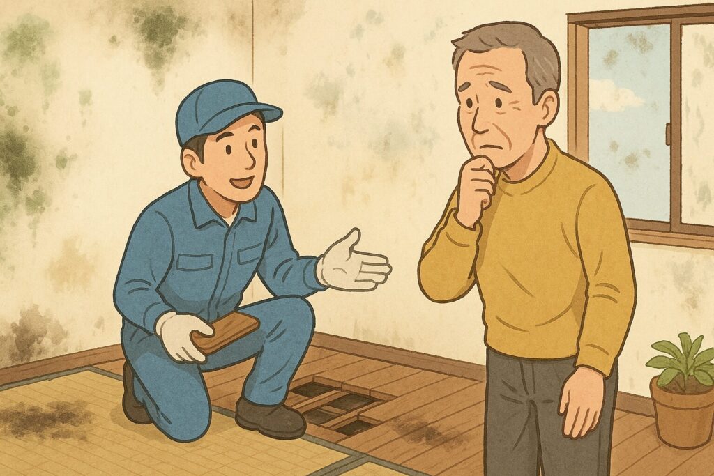壁や床が汚れたり、腐食したりして、リフォームが必要であることを説明している作業員