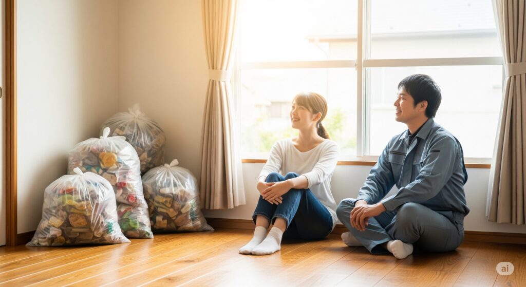 きれいに片付いたフローリングの部屋で、窓から差し込む朝日を浴びながら、部屋の住人である若い女性と片付け作業員の男性が、床に座って笑顔で窓の外を眺めている。部屋の隅には、きれいにまとめられたゴミ袋が積まれている。