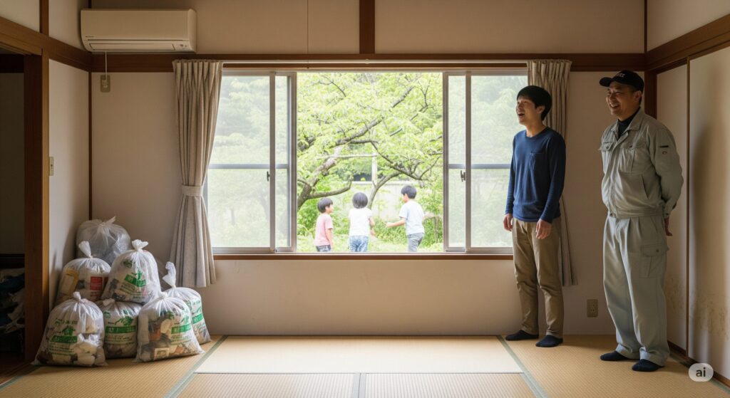 きれいに片付いた和室で、窓から差し込む光を浴びながら、部屋の住人である若い男性が、広くなった部屋を見て驚きと喜びの表情を浮かべている。その隣には、作業服を着た片付け作業員の男性が満足げな笑顔で立っている。部屋の隅には、きれいにまとめられたゴミ袋が積まれており、窓の外には緑豊かな景色と遊ぶ子供たちの姿が見える。
