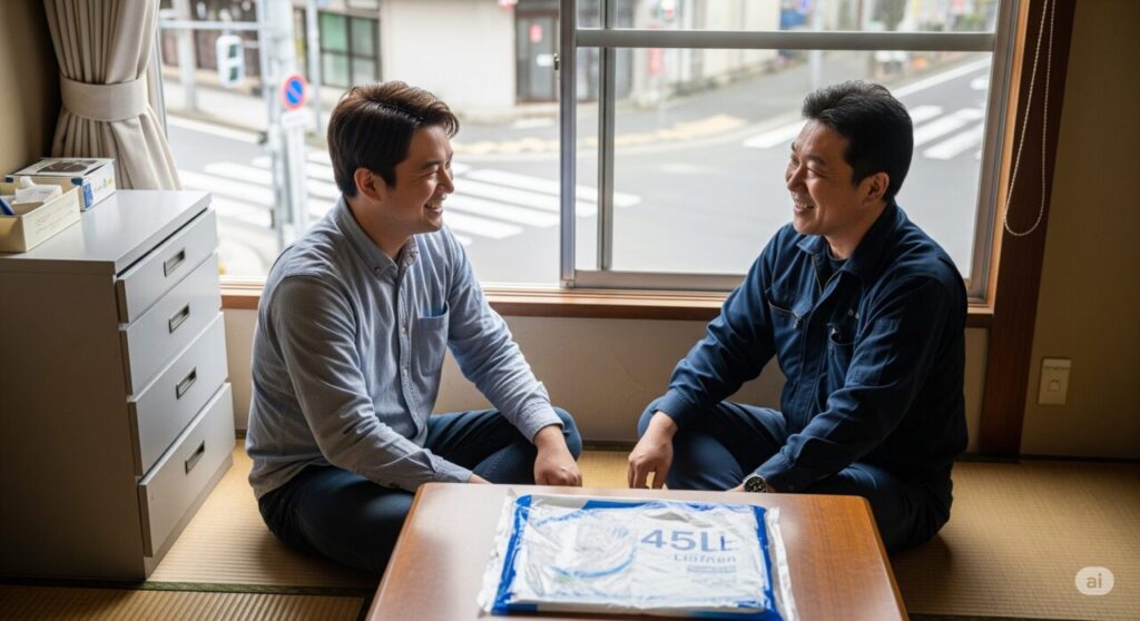 アパートの和室で、若い男性と作業服を着た中年の男性が座卓を挟んで座り、笑顔で談笑している。窓の外には2階から見下ろした街角の風景が広がっている。座卓の上にはゴミ袋のパッケージが置かれ、部屋の左側には白っぽい簡素なタンスが置かれている。