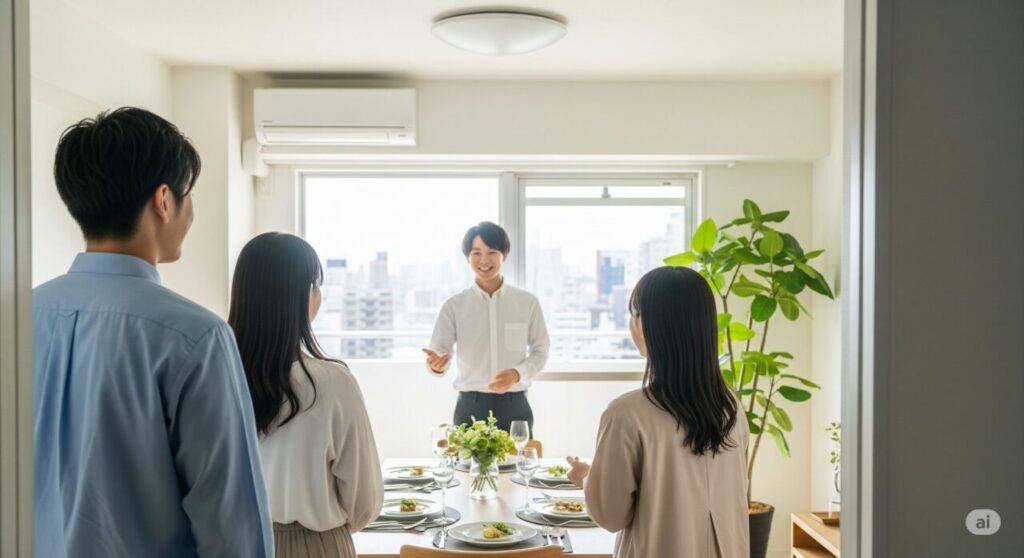 広々とした清潔なマンションのダイニングルームに、若い男性の住人が、テーブルを挟んで反対側から笑顔で手招きしている。ドアから部屋に入ろうとしている友人3人(男性1人、女性2人)は、その美しい部屋の様子に感銘を受けている様子。部屋の隅には観葉植物が置かれ、窓からは明るい光が差し込み、外には街並みが見えている。