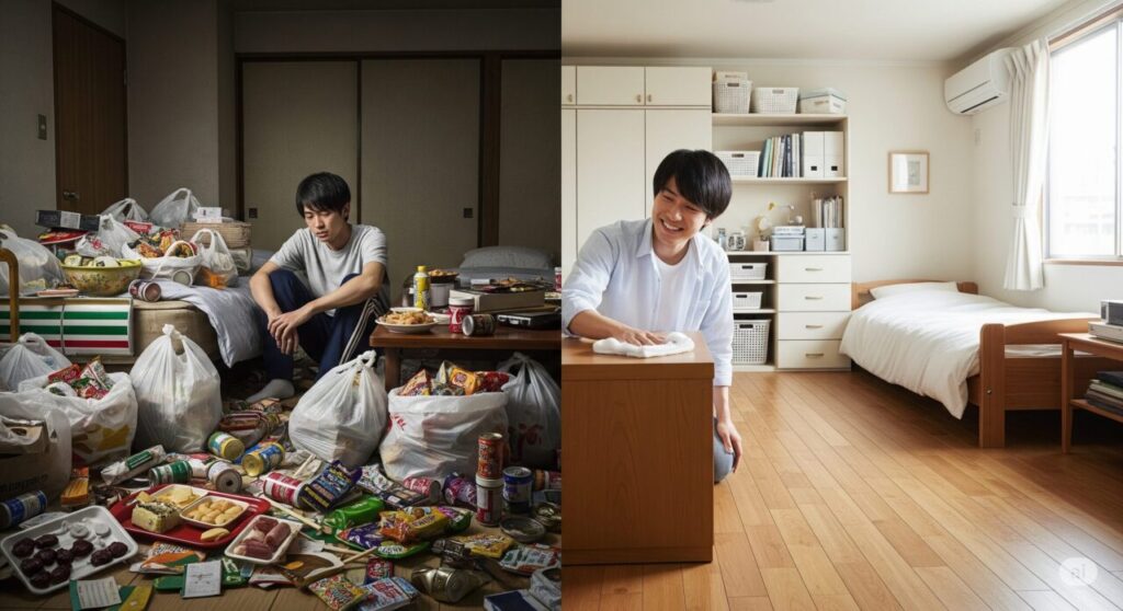 左右に分かれた画像、左半分は、片付け前のゴミ屋敷状態の部屋。食品のトレイや空き缶、お菓子のパッケージなどがコンビニ袋やごみ袋につめられて床にやまづみになっており、寝る場所もない。住人の若い男性が、部屋にすわって悩んでいる。
右半分は、片付けが完了した綺麗な部屋。ゆかには何も置いてなく、きれいに掃除されたフローリングの床が見えている。持ち物は戸棚などにきちんと整理されて、すべての引き出しが閉まり、すっきりしている。住人の若い男性が、部屋の中でうきうきしながらふきそうじをしている。