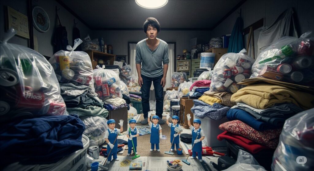 ゴミ屋敷状態の部屋の中で悩んでいる男性。小人サイズの作業員が連れ添っている