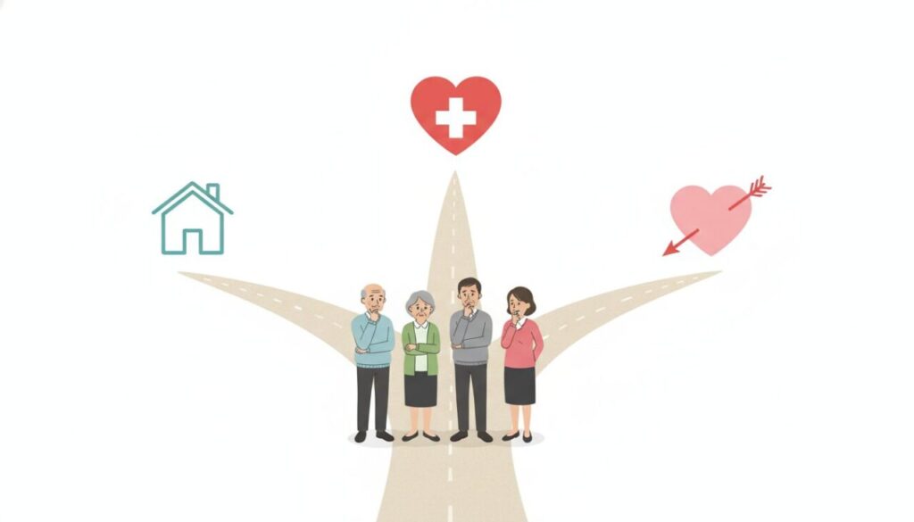 安全・健康・理解を示すアイコンに分岐した道の前で考え込む高齢夫婦と子供たち