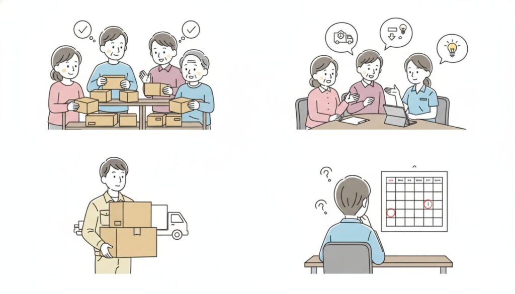 4分割の画面。左上:家族が一緒に小さな箱を整理している。右上:ケアマネジャー(ヘルパー)が家族と話している。左下:プロの業者(清潔な作業服)が段ボールを運んでいる。右下:カレンダーを眺めながら思案している人。