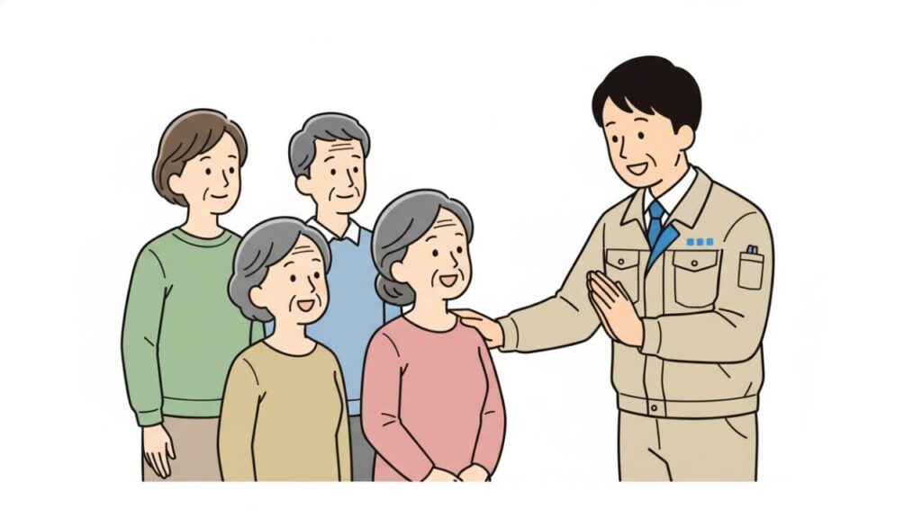 作業服を着たプロのゴミ屋敷片付けスタッフが、誠実そうな笑顔で、依頼主である高齢夫婦と息子・娘の肩に手を添えて、話に深く頷きながら耳を傾けている様子。