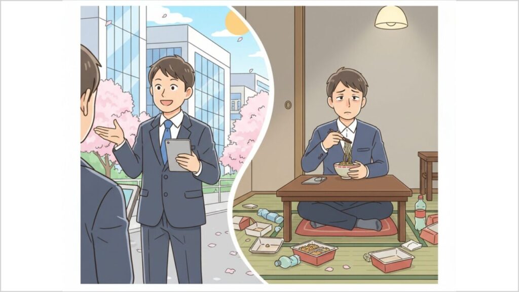 若い男性が外回りの営業の仕事をはつらつとした笑顔でこなしている姿。しかし、その同じ彼が家に帰ってくると、どことなく疲れた顔で座卓で食事をしており、目線が定まっていない。食卓のまわりには弁当のから容器や飲み終わった清涼飲料のペットボトルなどがちらばっているが、彼はそれを気にする余裕もない。