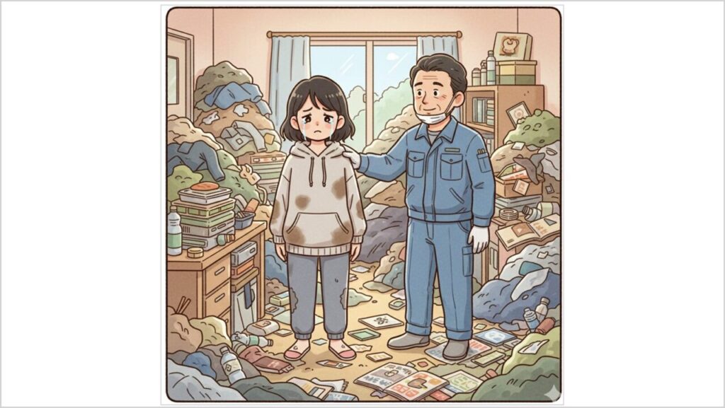 自分のマンションの部屋がゴミ屋敷になってしまった若い女性、散らかった部屋をみつめて悲しい顔をしている。その横からゴミ屋敷片付け作業員が近づいて、彼女の肩に手を置き、なぐさめ励ますような視線を送る。