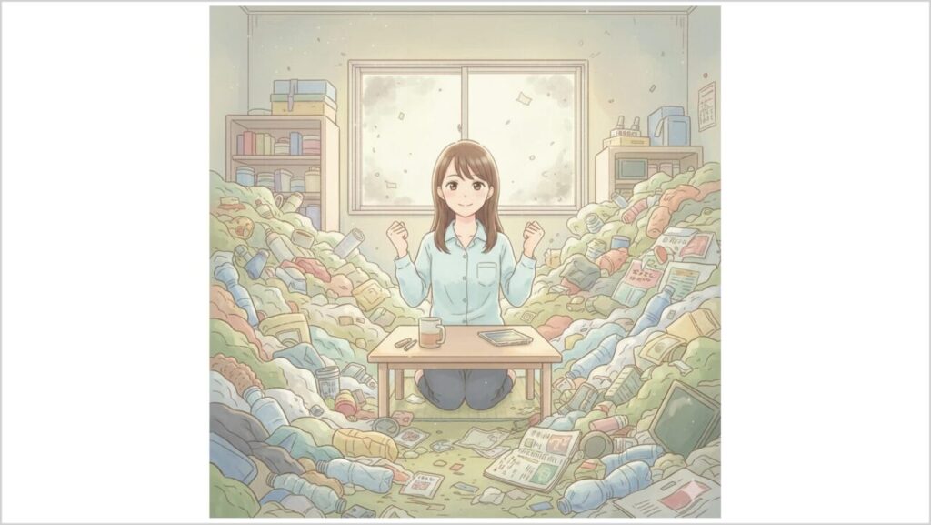 ゴミ屋敷で生活する若い女性。ゴミの山に埋もれた小さな座卓の前に座り、姿勢をただして目は前を向き希望に満ちた顔をしている。手は小さくガッツポーズをしてこぶしをにぎっている。